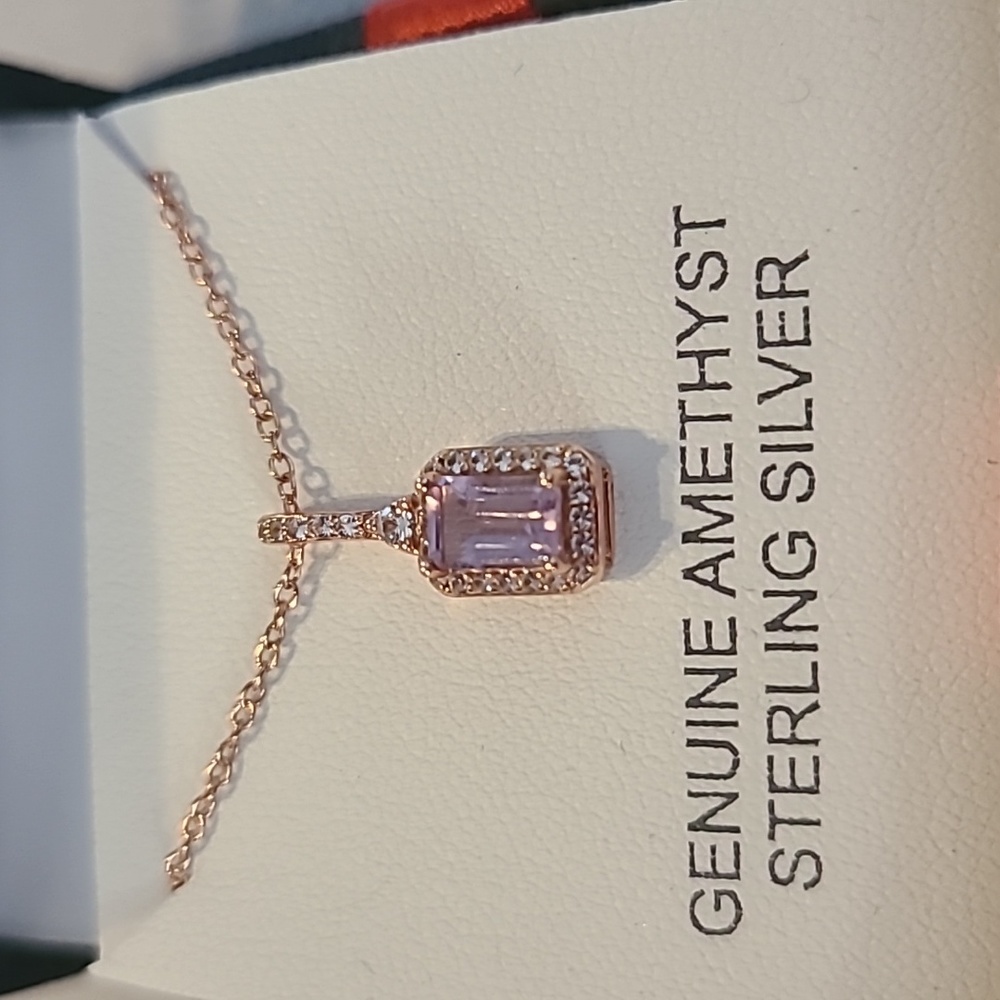 ROSE GOLD GENUINE AMETHYST STERLING SILVER 18" PENDANT & MATCHING RING - Picture 3 of 15